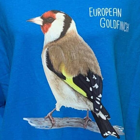 New Hand Printed Mens XL European Goldfinch Bird Ukraine Artist Fundraiser Tee - Picture 2 of 4